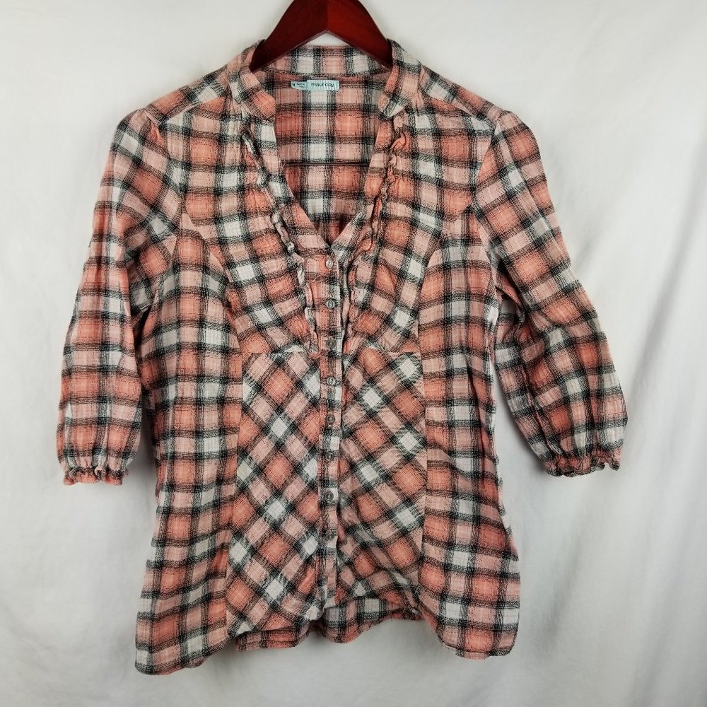 Maurices Pink Plaid Button Blouse Ruffle Cinch Bac